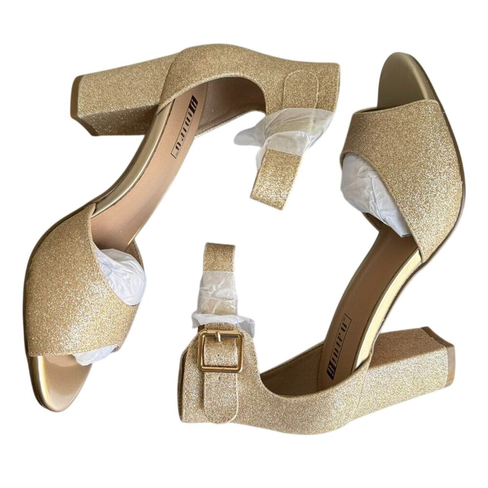 IDIFU Gold Glitter Block Heel Sandals Size 7 Ankle Strap Party Shoes